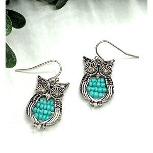 Antique Silver Tone Turquoise Beaded Owl Dangle Earrings Vintage Style Jewelry